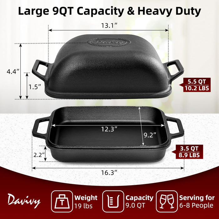 Davivy 9QT Large Cast Iron Bread Loaf Pan with Lid, Dutch Oven for Sourdough Bread Baking, Non-stick Cast Iron Sourdough Baking Pan with Lid, 12.3" x 9.2", Matte Black