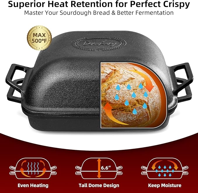 Davivy 9QT Large Cast Iron Bread Loaf Pan with Lid, Dutch Oven for Sourdough Bread Baking, Non-stick Cast Iron Sourdough Baking Pan with Lid, 12.3" x 9.2", Matte Black