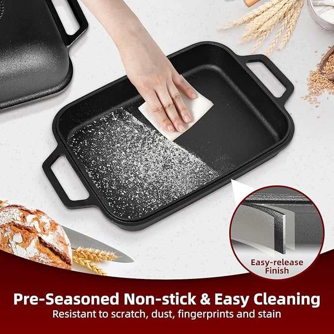 Davivy 9QT Large Cast Iron Bread Loaf Pan with Lid, Dutch Oven for Sourdough Bread Baking, Non-stick Cast Iron Sourdough Baking Pan with Lid, 12.3" x 9.2", Matte Black