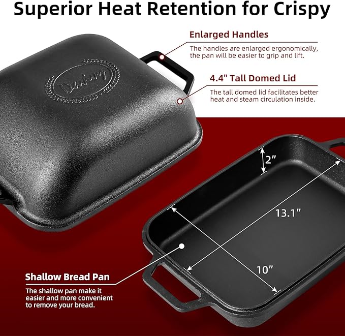Davivy 9QT Large Cast Iron Bread Loaf Pan with Lid, Dutch Oven for Sourdough Bread Baking, Non-stick Cast Iron Sourdough Baking Pan with Lid, 12.3" x 9.2", Matte Black