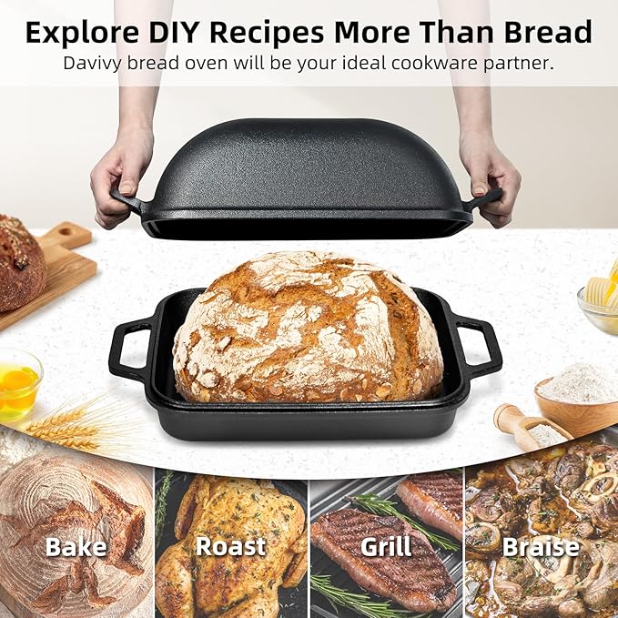 Davivy 9QT Large Cast Iron Bread Loaf Pan with Lid, Dutch Oven for Sourdough Bread Baking, Non-stick Cast Iron Sourdough Baking Pan with Lid, 12.3" x 9.2", Matte Black