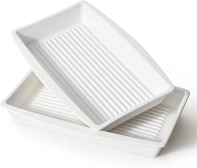 DELLING 9x13 Ceramic Baking Dish Set of 2, Lasagna Pan with Groove Design, Casserole Dish for Oven, Deep Bakeware with Handles, White Porcelain Roasting Pan, Microwave Dishwasher Safe, 14" x 9.3"