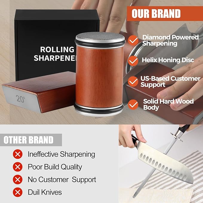 DerHed rolling knife sharpener, durable diamond grinding head, replacement grinding head, 15 degree and 20 degree sharpening bevel suitable for various kitchen knives