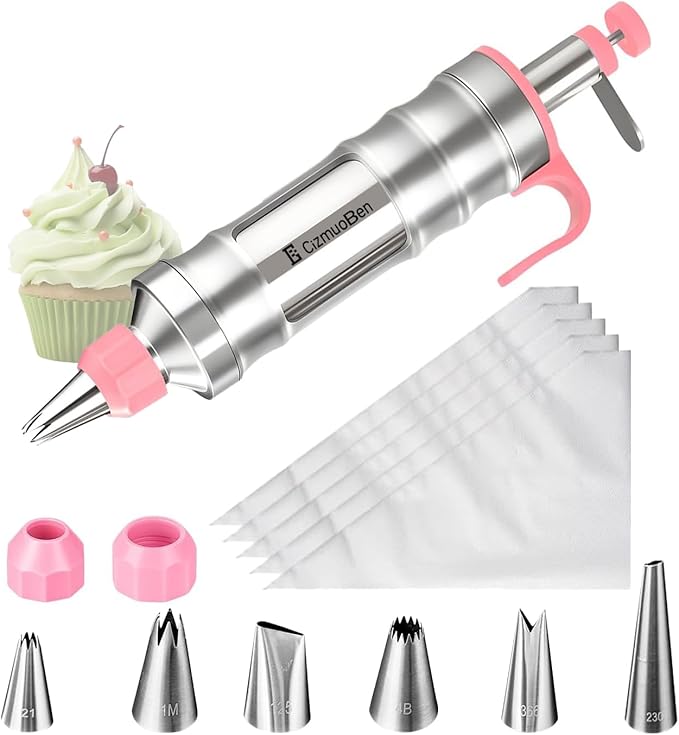 Dessert Decorating Syringe Set, Frosting Piping Kit icing piping kit Food Grade Stainless Steels (6 pro piping tips shooters 50 disposable piping bags) For Baking, Decorating Cupcake, Deviled Eggs