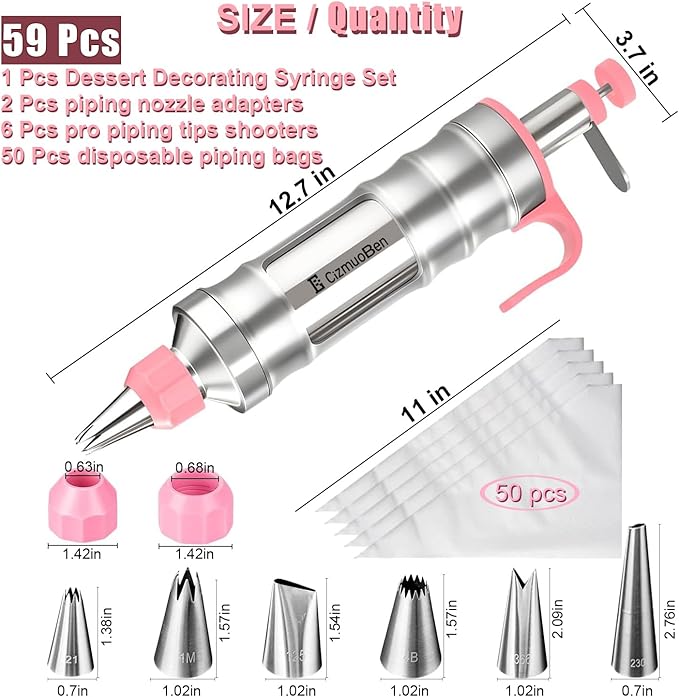 Dessert Decorating Syringe Set, Frosting Piping Kit icing piping kit Food Grade Stainless Steels (6 pro piping tips shooters 50 disposable piping bags) For Baking, Decorating Cupcake, Deviled Eggs
