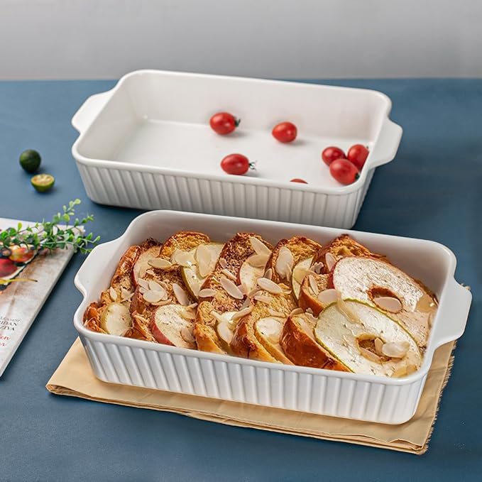 Dizada 9x13 Casserole Dish Set of 2 - Deep 4.2 Qt Porcelain Baking Dishes, Ceramic Bakeware for Lasagna, Roasts, Cake, Oven Microwave Safe(NO LIDS)