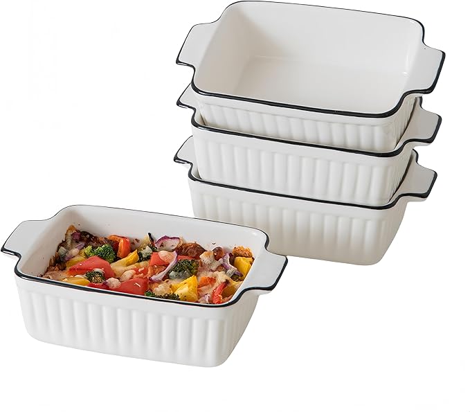 DLIM HOME 12 Oz Casserole Dish, Ceramic Baking Dishes Sets of 4, Small Casserole Dish with Handle, Porcelain Bakeware Sets, 5" Rectangular Baking Serving Dish for Casserole, Cakes, Dishwasher Oven Safe