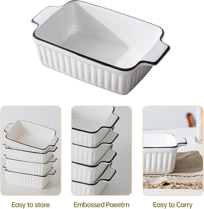 DLIM HOME 12 Oz Casserole Dish, Ceramic Baking Dishes Sets of 4, Small Casserole Dish with Handle, Porcelain Bakeware Sets, 5" Rectangular Baking Serving Dish for Casserole, Cakes, Dishwasher Oven Safe