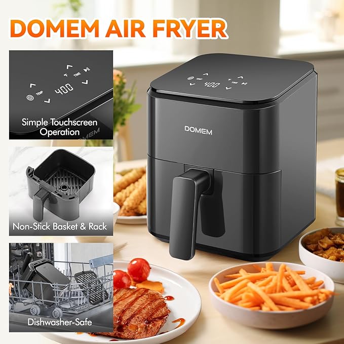 DOMEM 3 Qt Compact Air Fryer with Non-Stick Basket and Rack, User Friendly Simple Touchscreen, Cook in Simple Steps, Low-Oil Cooking Small Air Fryer, Space Saving Cooker