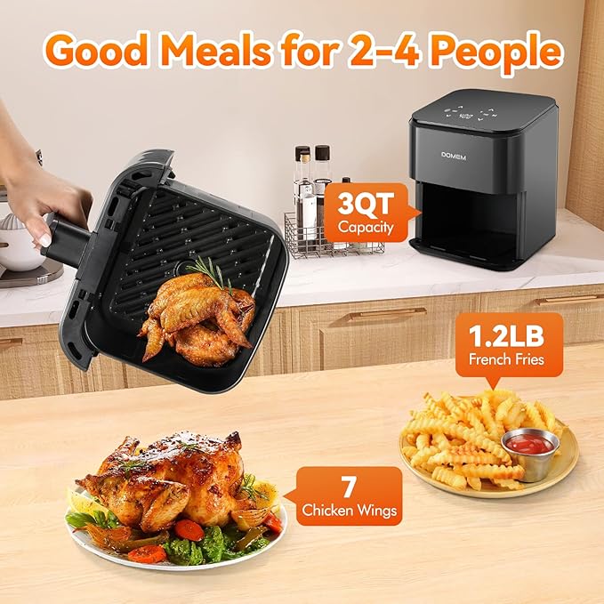DOMEM 3 Qt Compact Air Fryer with Non-Stick Basket and Rack, User Friendly Simple Touchscreen, Cook in Simple Steps, Low-Oil Cooking Small Air Fryer, Space Saving Cooker