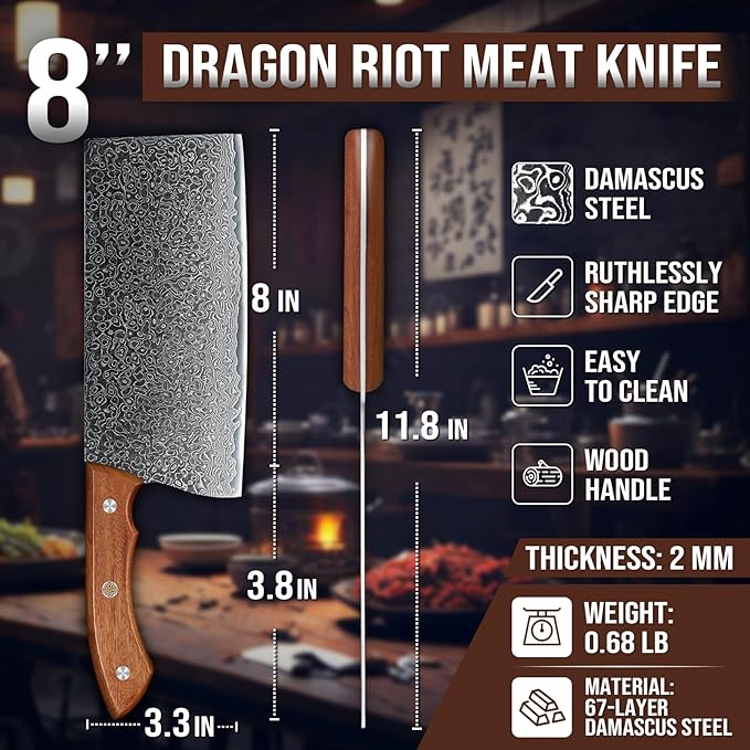 DRAGON RIOT 10 Inch Meat Cleaver, VG10 Steel, Wood Handle