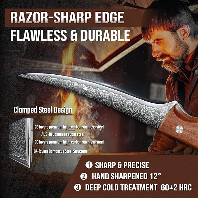 DRAGON RIOT 6 Inch Damascus Boning Knife, VG10 Steel, Ergonomic Wood Handle