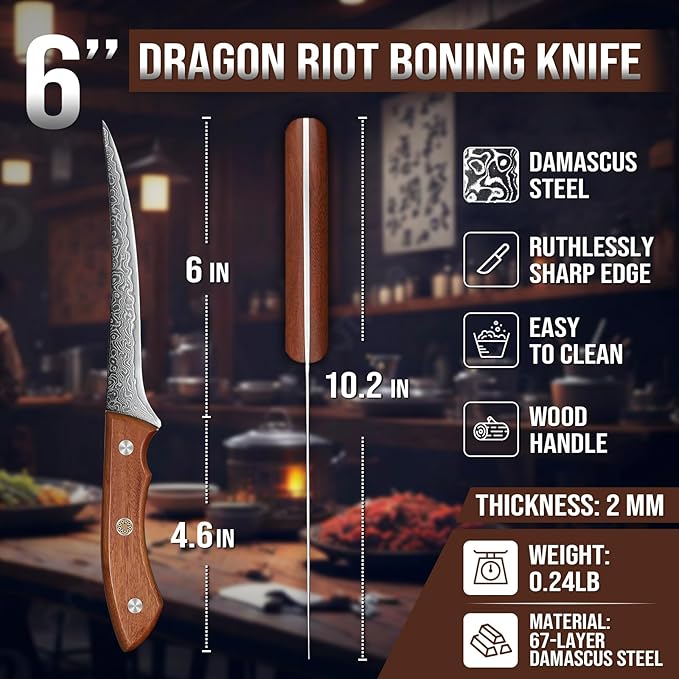DRAGON RIOT 6 Inch Damascus Boning Knife, VG10 Steel, Ergonomic Wood Handle