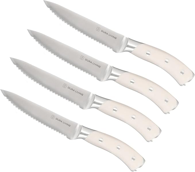 DURA LIVING 4-Piece Serrated Kitchen Steak Knife Set – Forged High Carbon Stainless Steel, Ultra Sharp, Ergonomic Black Handles, Durable Dinner Knives, Cream Handle