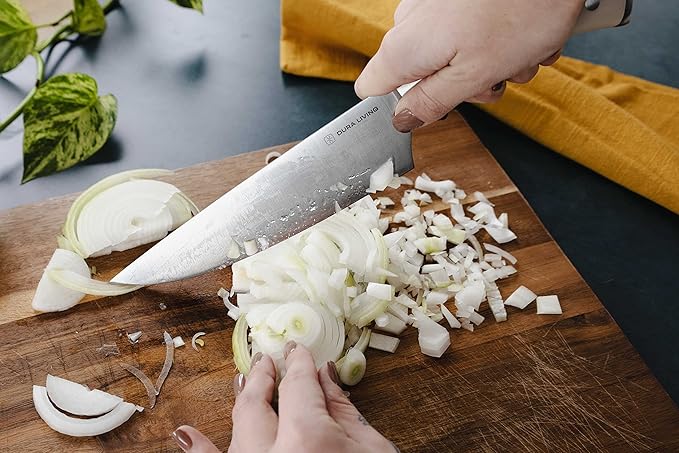 DURA LIVING 8-Inch Chef Knife – Ultra-Sharp German High Carbon Stainless Steel, Full Tang, Ergonomic Handle, Multipurpose Kitchen Knife for Chopping, Slicing, and Dicing, Cream