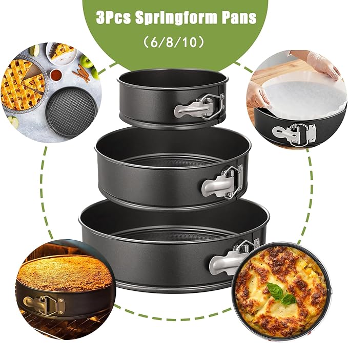 Easynzery 168pcs Cake Pan Sets for Baking + Cake Decorating Supplies: 3 Non-Stick Springform Pans Set (6, 8, 10 inches), Icing Tips – Multi-functional Leak-Proof CheeseCake Pan