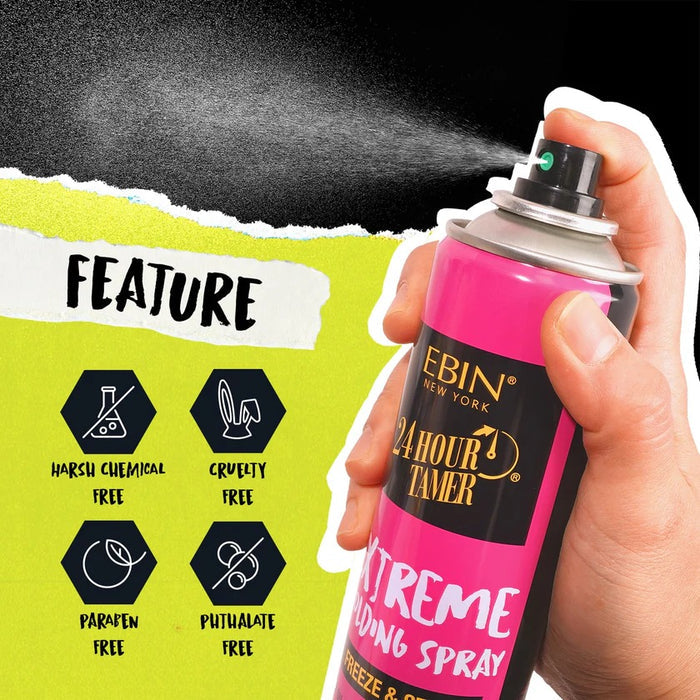 Hand spraying EBIN 24 Hour Tamer pink can releasing mist flexible hair holding spray with feature icons