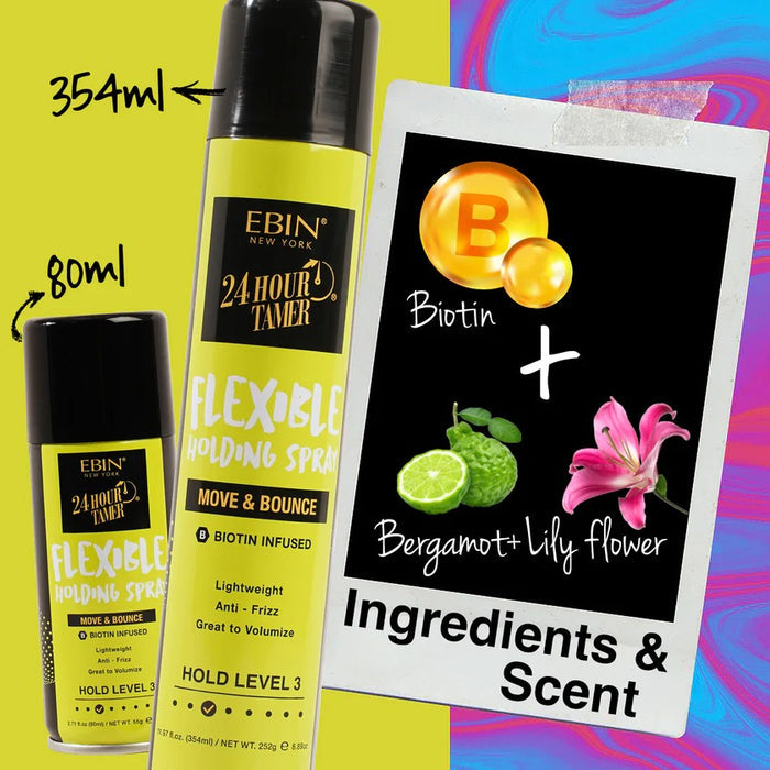 EBIN 24 Hour Tamer flexible hair holding spray yellow 80ml and 354ml bottles biotin bergamot lily scent