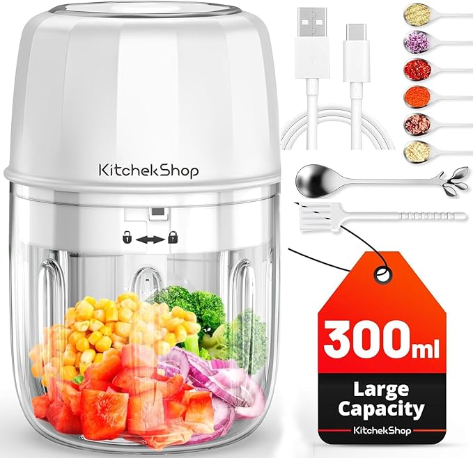 Electric Garlic Chopper, 300ML Portable Cordless Mini Food Processor, Rechargeable Vegetable Chopper Blender for Nuts Chili Onion Minced Meat and Spices (White)