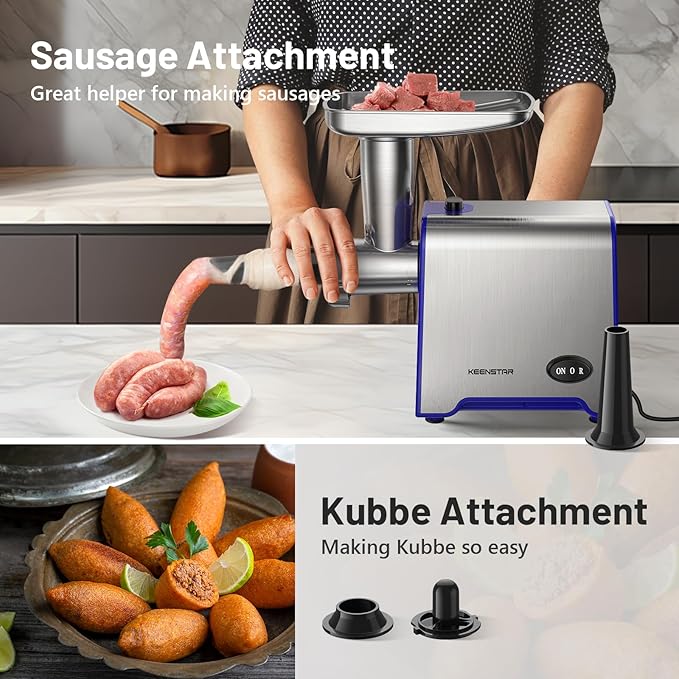 Electric Meat Grinder, Sausage Stuffer Maker 450W(3000W Max) Food Grinder with Blade & 3 Plates, Sausage Stuffer Tubes & Kubbe Kit, Stainless Steel Heavy Duty Meat Mincer Machine for Home Kitchen Use