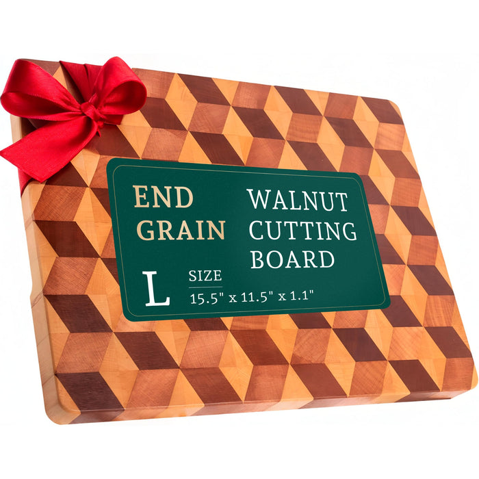 End Grain Wooden Cutting Board for Kitchen 15.5"x 11.5" - Walnut Hardwood Chopping Block with Non Slip Grips - Ideal for Charcuterie & Meat Butcher - Handmade 3D Design Wood (1.1'' Thick, Large)