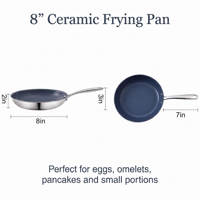 Ephaclad 8 Inch Ceramic Frying Pan Skillet, Stainless Steel Nonstick Egg Pan, PTFE PFAS PFOA Free, Induction Compatible, Oven Safe, Hand Wash Recommended for Longer Coating Life