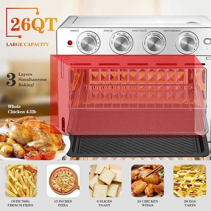 Exra Large Air Fyer Toster Oven Combo, Big Air Fryer, Toast Oven with Bake, Roast, Pizza, Easy to Use & Clean, 6 Slice Toast, Stainless Steel