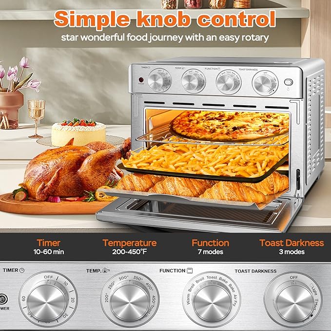 Exra Large Air Fyer Toster Oven Combo, Big Air Fryer, Toast Oven with Bake, Roast, Pizza, Easy to Use & Clean, 6 Slice Toast, Stainless Steel