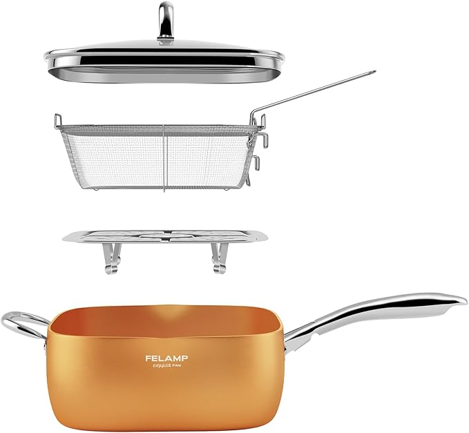 FELAMP 9.5-Inch Ceramic Nonstick Deep Square Frying Pan Set with Glass Lid