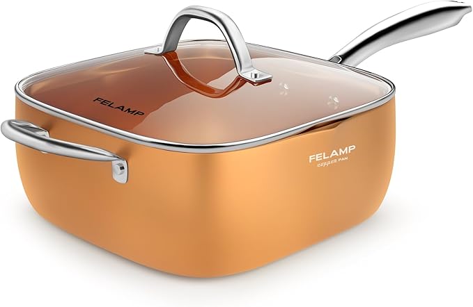 FELAMP 9.5-Inch Ceramic Nonstick Deep Square Frying Pan Set with Glass Lid