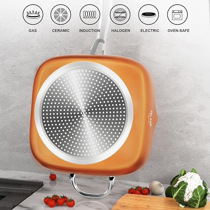FELAMP 9.5-Inch Ceramic Nonstick Deep Square Frying Pan Set with Glass Lid