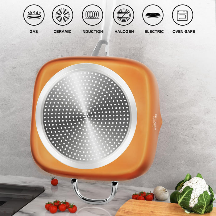 FELAMP 9.5-Inch Ceramic Nonstick Deep Square Frying Pan Set with Glass Lid