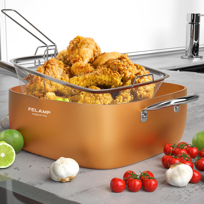 FELAMP 9.5-Inch Ceramic Nonstick Deep Square Frying Pan Set with Glass Lid