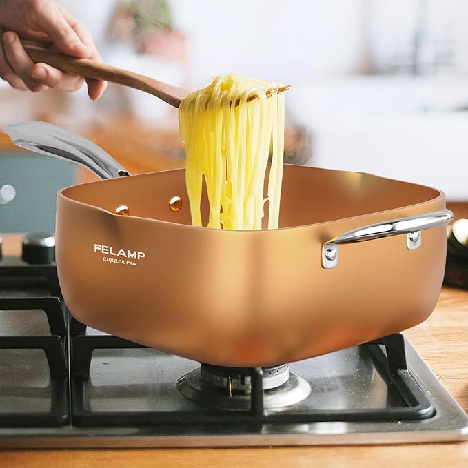 FELAMP 9.5-Inch Ceramic Nonstick Deep Square Frying Pan Set with Glass Lid