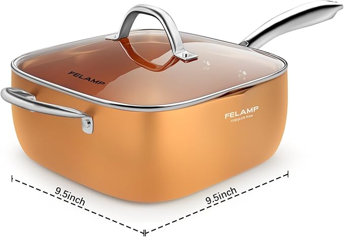 FELAMP 9.5-Inch Ceramic Nonstick Deep Square Frying Pan Set with Glass Lid