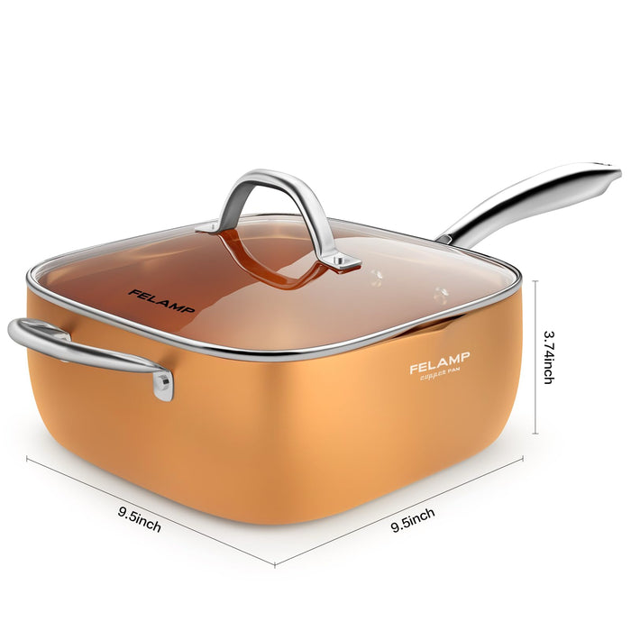 FELAMP 9.5-Inch Ceramic Nonstick Deep Square Frying Pan Set with Glass Lid