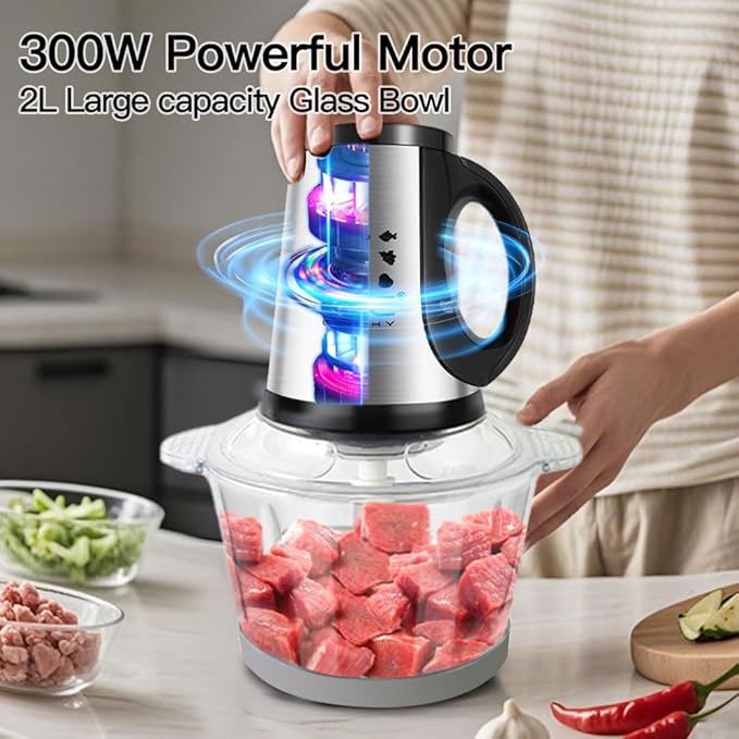 Food Processor,Small Meat Grinder,300W Powerful Pure Chopper Motor Food Choper,Electric Vegetable Choper with 2 Bowls(8 Cup+8 Cup) and 2 Blades for Onion,Baby Food,Meat,Fruit