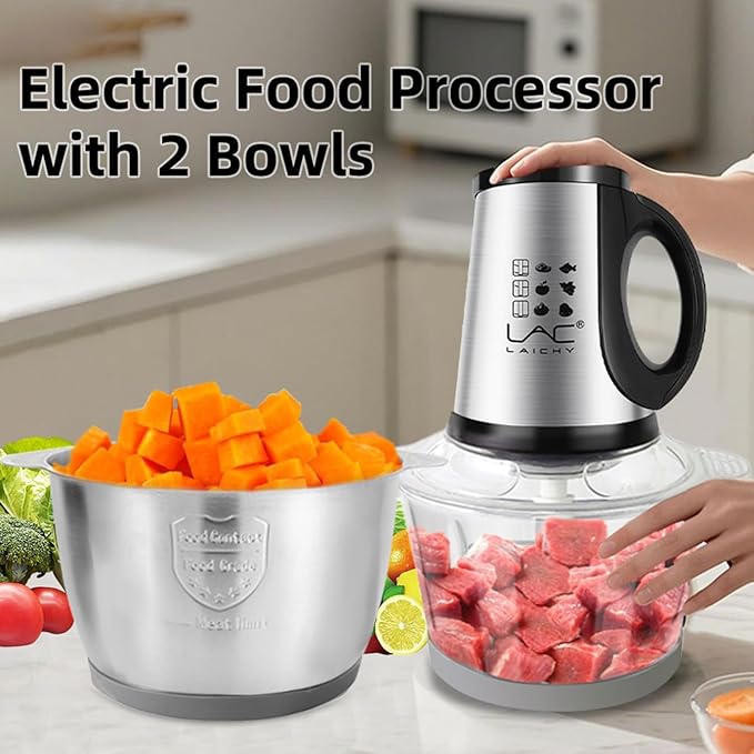 Food Processor,Small Meat Grinder,300W Powerful Pure Chopper Motor Food Choper,Electric Vegetable Choper with 2 Bowls(8 Cup+8 Cup) and 2 Blades for Onion,Baby Food,Meat,Fruit