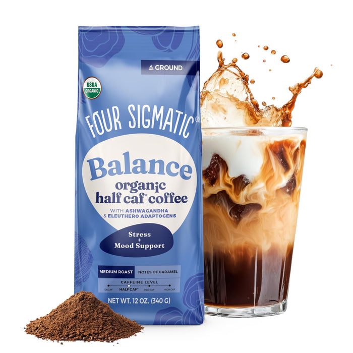 Four Sigmatic Organic Balance Adaptogen Ground Coffee | Medium Roast USDA Organic Coffee with Ashwagandha, Chaga Mushroom, Eleuthero and Tulsi | Focus and Energy Boosting Coffee | 12oz Bag