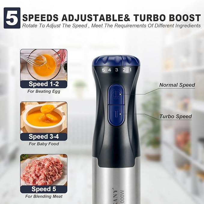 freebala Immersion Blender, 4 in 1 Hand Bender Max 1000W, 5 Speeds & Turbo with Copper Motor Stainless Steel Blade, Handheld Blender Stick Mixer with Egg Whisk, 700ml Beaker & 500ml Chopper Bowl