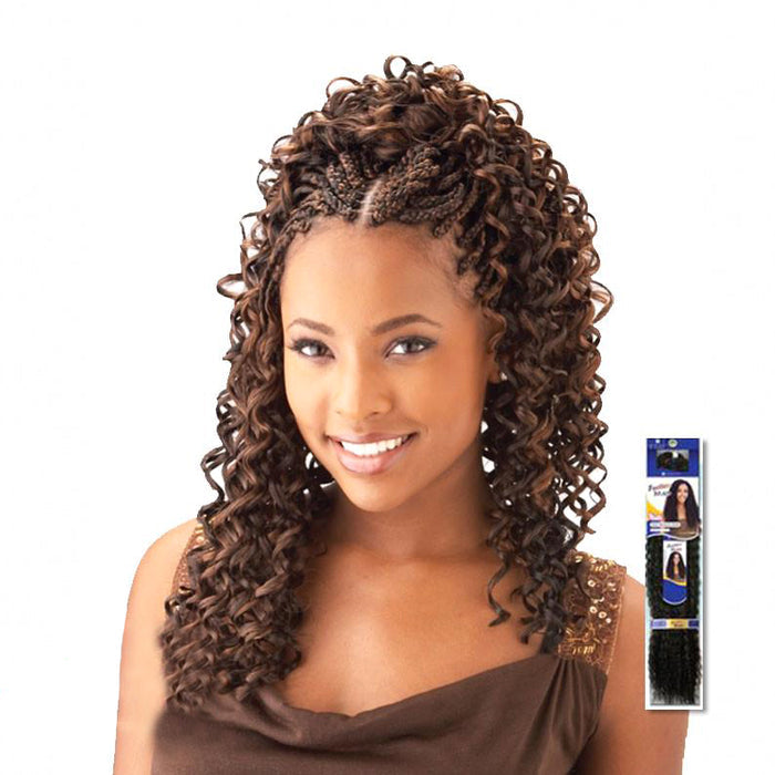 SHAKE N GO model wearing Freetress Gogo Curl 26 inch braids in dark brown with tight spiral curls