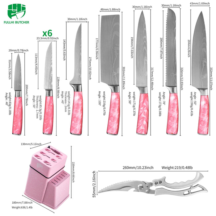 FULLHI 14pcs Block Knife Set, Chef's Knife Steak Knives Set with Block and Sharpener, Kitchen Knife Set, Multi-colour Handle, Gifts for Men Women