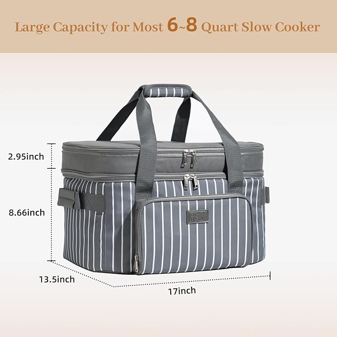 FUN ELEMENTS Double Layer Slow Cooker Carrier Bag for 6-8 Quart Oval CrockPot, Insulated Crock Pot Travel Bag with Support Pad and Adjustable Straps, Top Zip Compartment and Front Pocket for Utensils