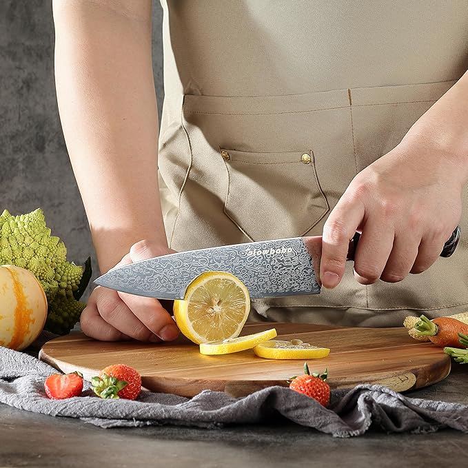 Glowbobo 8 Inch Chef's Knife, High Carbon Stainless Steel Kitchen Knife with Sharpener & Finger Guard, Professional Sharp Cooking Knife for Home & Meat Cutting, with Ergonomic wood Handle and Gift Box