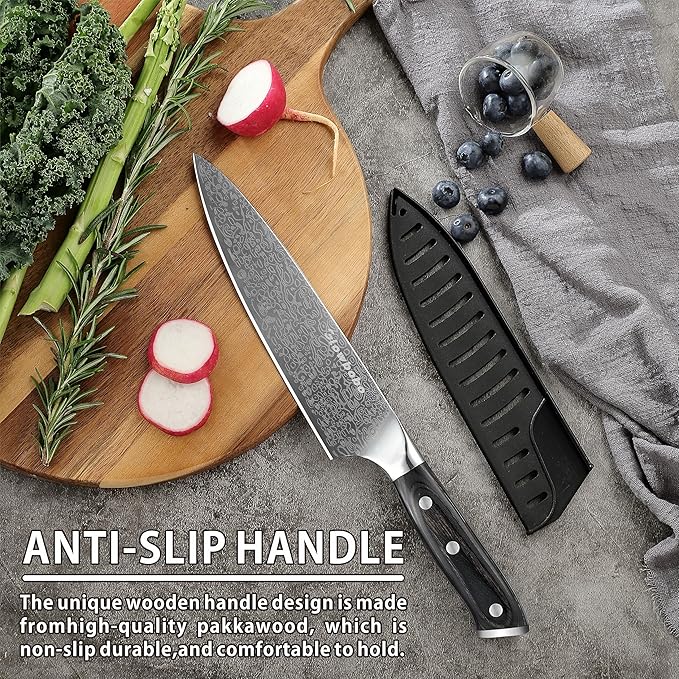 Glowbobo 8 Inch Chef's Knife, High Carbon Stainless Steel Kitchen Knife with Sharpener & Finger Guard, Professional Sharp Cooking Knife for Home & Meat Cutting, with Ergonomic wood Handle and Gift Box