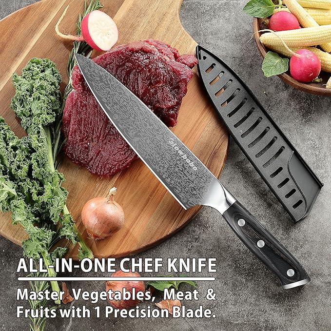 Glowbobo 8 Inch Chef's Knife, High Carbon Stainless Steel Kitchen Knife with Sharpener & Finger Guard, Professional Sharp Cooking Knife for Home & Meat Cutting, with Ergonomic wood Handle and Gift Box