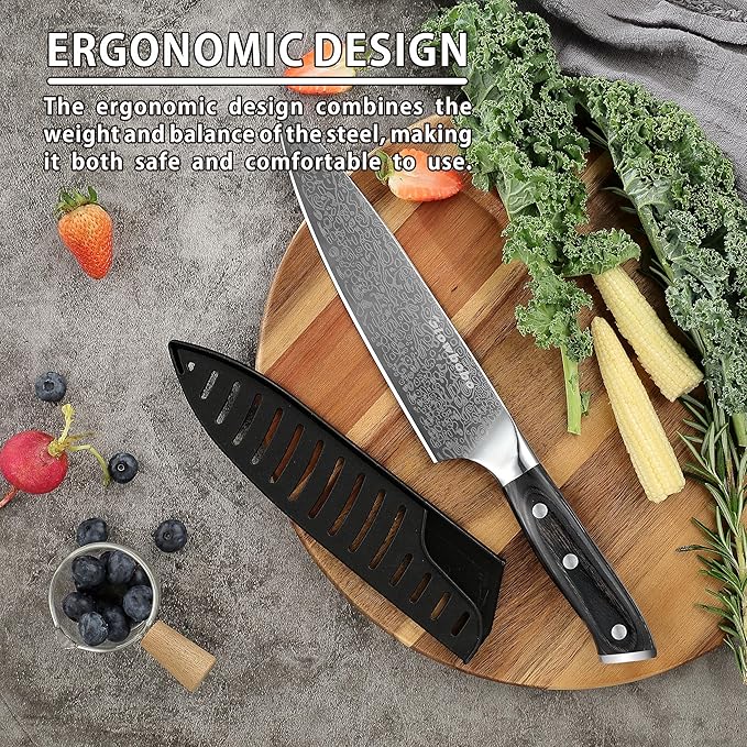 Glowbobo 8 Inch Chef's Knife, High Carbon Stainless Steel Kitchen Knife with Sharpener & Finger Guard, Professional Sharp Cooking Knife for Home & Meat Cutting, with Ergonomic wood Handle and Gift Box