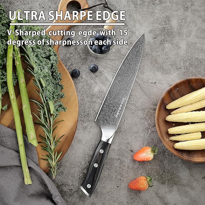 Glowbobo 8 Inch Chef's Knife, High Carbon Stainless Steel Kitchen Knife with Sharpener & Finger Guard, Professional Sharp Cooking Knife for Home & Meat Cutting, with Ergonomic wood Handle and Gift Box