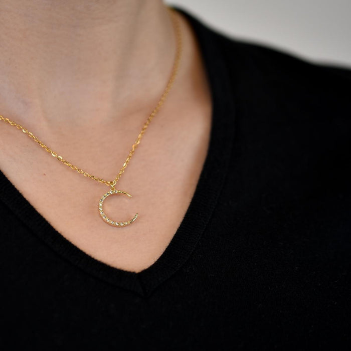 Gold Crescent Moon Gems Necklace on model