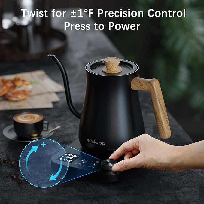 Gooseneck Electric Kettle, Electric tea Kettles, ±1℉ Temperature Control for Pour-Over Coffee & Tea Brewing, Stainless Steel Inner, Quick Heating, Boil Hot Water, 1200W/0.8L (Black Wooden)